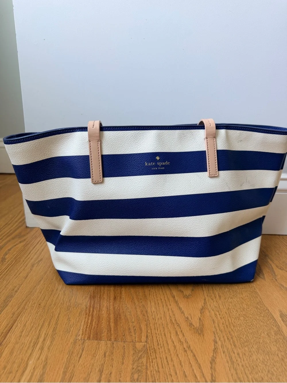 kate spade Navy and White Striped Tote with Blush Handles